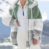 Autumn And Winter Warm Fleece Patchwork Zipper Pocket Hooded Loose Women Jacket Coat