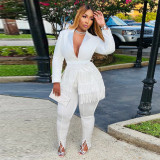 Women Fall Solid Fringed V-Neck Blazer and Pant Two-Piece Set
