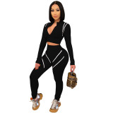 Plus Size Women Contrast Long Sleeve Top And Pant Sports Two-Piece