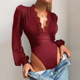 Women Autumn Solid Color Deep V Neck Lace Bodysuit