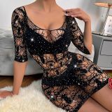 Womens Sexy Beaded Spider See-Through Lingerie