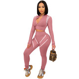 Plus Size Women Contrast Long Sleeve Top And Pant Sports Two-Piece