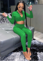 Womens Sexy Zip Long Sleeve Crop Top And Pant Two Piece