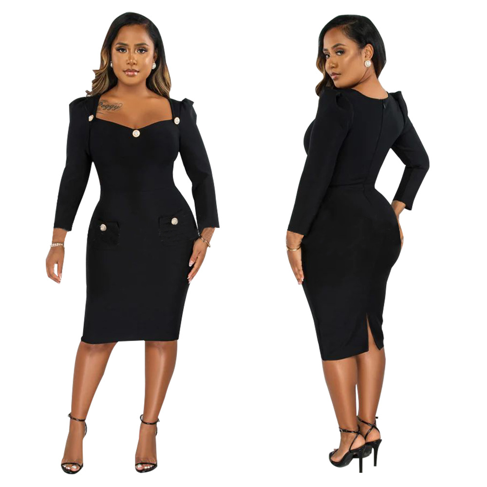 Square Neck Bodycon Dress for Fall Casual Wear