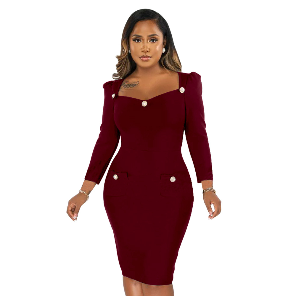 Square Neck Bodycon Dress for Fall Casual Wear