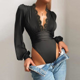 Women Autumn Solid Color Deep V Neck Lace Bodysuit