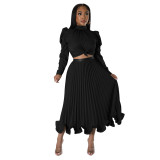 Fall Women Puff Sleeve Top And Ruffled Pleated Skirt Two-Piece Set