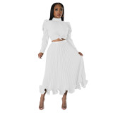 Fall Women Puff Sleeve Top And Ruffled Pleated Skirt Two-Piece Set