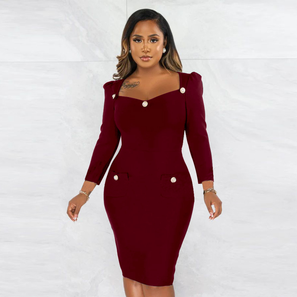 Square Neck Bodycon Dress for Fall Casual Wear