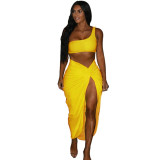 Plus Size Women Crinkled Solid Crop Top And Skirt Two Piece
