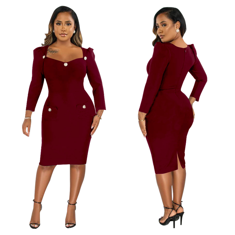 Square Neck Bodycon Dress for Fall Casual Wear
