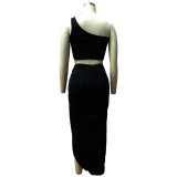 Plus Size Women Crinkled Solid Crop Top And Skirt Two Piece