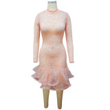 Plus Size Women Long Sleeve Cutout Lace Dress