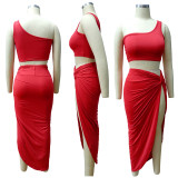 Plus Size Women Crinkled Solid Crop Top And Skirt Two Piece