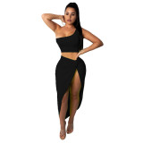 Plus Size Women Crinkled Solid Crop Top And Skirt Two Piece