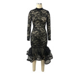 Plus Size Women Long Sleeve Cutout Lace Dress