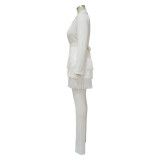 Women Fall Solid Fringed V-Neck Blazer and Pant Two-Piece Set