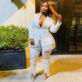 Women Fall Solid Fringed V-Neck Blazer and Pant Two-Piece Set