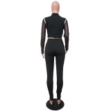 Plus Size Women Contrast Long Sleeve Top And Pant Sports Two-Piece
