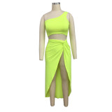 Plus Size Women Crinkled Solid Crop Top And Skirt Two Piece