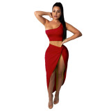 Plus Size Women Crinkled Solid Crop Top And Skirt Two Piece