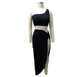 Plus Size Women Crinkled Solid Crop Top And Skirt Two Piece