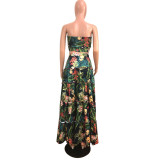 Women Classic Print Ruffle Edge Beach Dress Two Piece