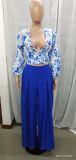 Autumn V-Neck Women'S Puff Sleeve Print Top Wide Leg Pants Fashion Two Piece Set