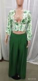 Autumn V-Neck Women'S Puff Sleeve Print Top Wide Leg Pants Fashion Two Piece Set