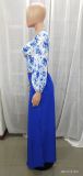 Autumn V-Neck Women'S Puff Sleeve Print Top Wide Leg Pants Fashion Two Piece Set