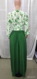 Autumn V-Neck Women'S Puff Sleeve Print Top Wide Leg Pants Fashion Two Piece Set