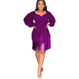 Women's Autumn Solid Color Long Sleeve Fringe Dress