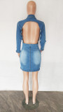 Slim Fit Sexy Low Back Stretch Breasted Denim Bodycon Dress Midi Dress