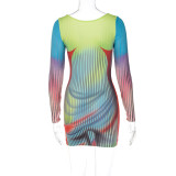 Women's Fall Fashion Print Slim U Neck Long Sleeve Bodycon Dress