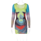 Women's Fall Fashion Print Slim U Neck Long Sleeve Bodycon Dress
