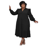 Plus Size Women's Ruffled Shoulder Long Sleeve Layered Swing Dress
