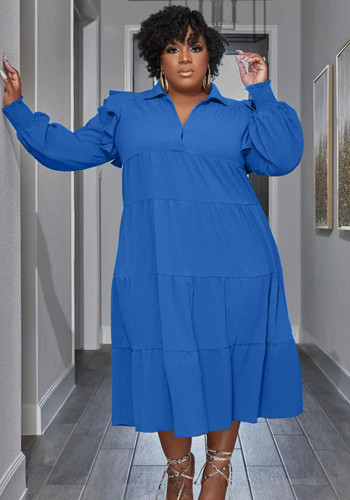 Plus Size Women's Ruffled Shoulder Long Sleeve Layered Swing Dress