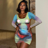 Women's Fall Fashion Print Slim U Neck Long Sleeve Bodycon Dress