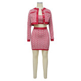 Women Printed Tank Top Long Sleeve Jacket Mini Skirt Three-Piece