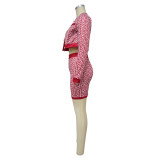 Women Printed Tank Top Long Sleeve Jacket Mini Skirt Three-Piece