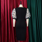 Plus Size Women'S Fashion Dot Mesh Patchwork V Neck Chic Career Bodycon Dress