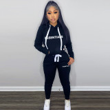 Women's Fashion Winter Fleece Drawstring Letter Print Hoodie Two-Piece Set with Pockets