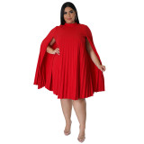 Plus Size Women Bell Bottom Sleeve Pleated Dress