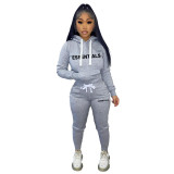 Women's Fashion Winter Fleece Drawstring Letter Print Hoodie Two-Piece Set with Pockets
