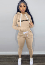 Women's Fashion Winter Fleece Drawstring Letter Print Hoodie Two-Piece Set with Pockets Women's Fashion Winter Fleece Drawstring Letter Print Hoodie Two-Piece Set with Pockets