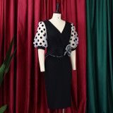 Plus Size Women'S Fashion Dot Mesh Patchwork V Neck Chic Career Bodycon Dress