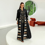 Women Embroidered Striped Abaya Muslim Dubai Muslim Robe Long Dress