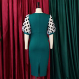 Plus Size Women'S Fashion Dot Mesh Patchwork V Neck Chic Career Bodycon Dress