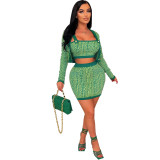 Women Printed Tank Top Long Sleeve Jacket Mini Skirt Three-Piece