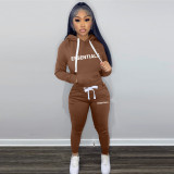 Women's Fashion Winter Fleece Drawstring Letter Print Hoodie Two-Piece Set with Pockets